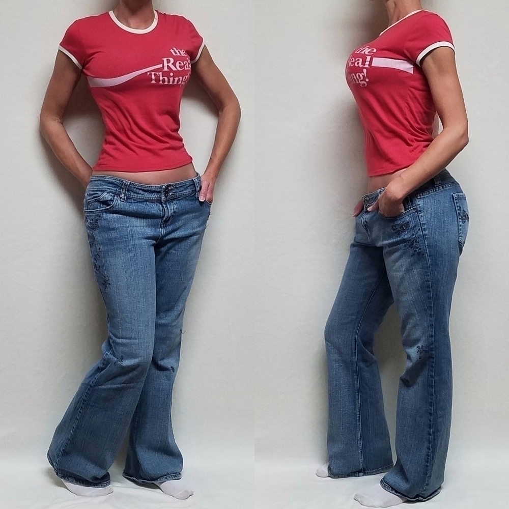 Vintage 90s LEI boho sequin floral embroidered low rise stretchy flared jeans 17